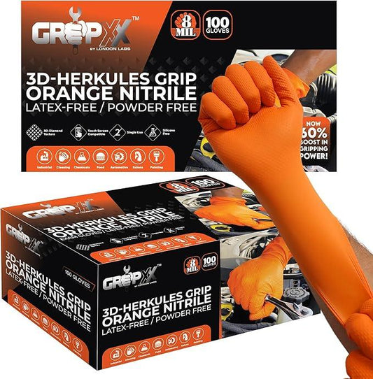 Herkules Grip Heavy Duty 8Mil Orange Nitrile Gloves,3D Raised Diamond Texture-Latex & Powder Free-Industrial, Mechanic (2, Medium) - NeatNest