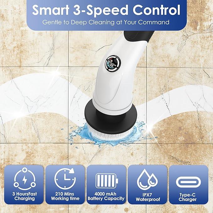 Cordless Electric Spin Scrubber, IPX7 Waterproof Rechargeable Power Cleaning Brush with 4000mAh Battery, 210min Runtime, 7 Brush Heads, 3 Adjustable Speeds, for Shower, Tub, Tile, Kitchen, Floor - NeatNest