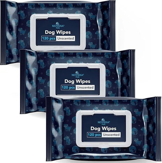 NOVEHA 360PCs Dog Wipes - Odor Eliminating and Cleaning Grooming Wipes for Dog's Paws, Body, and Butt - Perfect for Puppy and Adult Dogs - Plant-Based, Safe, Convenient & Large Unscented Wipes - 3pack - NeatNest
