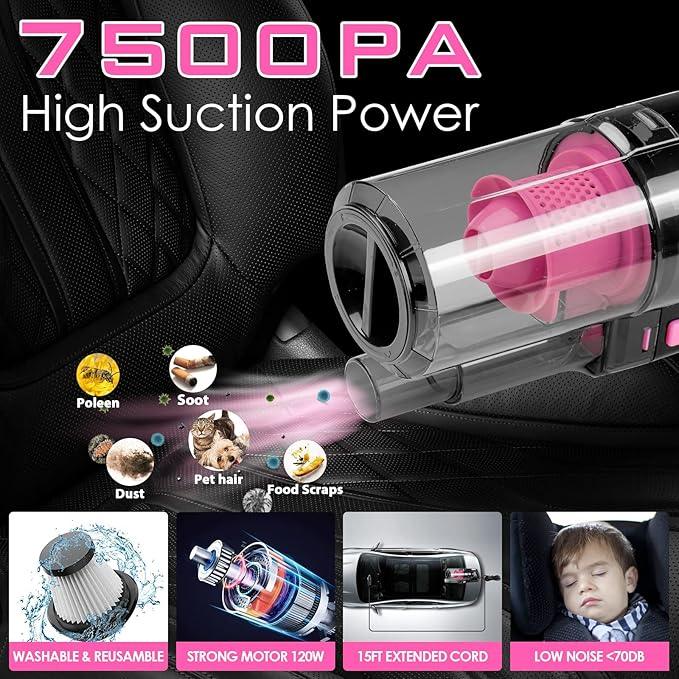 Viewsun 17pcs Car Cleaning Kit, Pink Car Interior Detailing Kit with High Power Handheld Vacuum, Detailing Brush Set, Windshield Cleaner, Cleaning Gel, Complete Auto Accessories for Women Gift - NeatNest