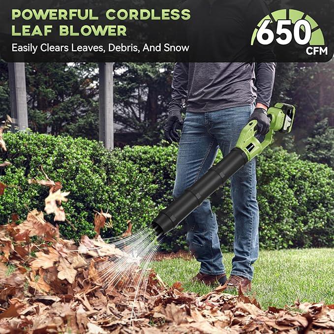 Cordless Leaf Blower - 650 CFM Brushless Electric Leaf Blower with 2 x 6.0Ah Batteries & Fast Charger, 2 Speed Modes, Battery Powered Leaf Blowers for Lawn Care, Patio, Dust, Snow Care (Light Green) - NeatNest