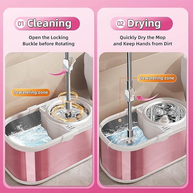 Spin Mop and Bucket with Wringer Set for Home,360° Mop and Bucket with Separate Clean and Dirty Water,Wet Dust Mop for Floor Cleaning with Extra Refills (Pink) - NeatNest