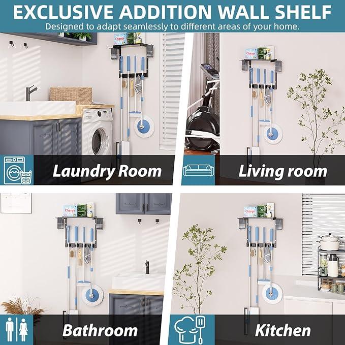 Broom Holder Wall Mount with Cleaning Supplies Organizer, Laundry Room Organization and Storage Shelves, Mop Hanger Broom Rack with Hooks, Home Improvement Kitchen Shelf Garage Organizer - NeatNest