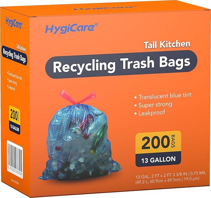 13 Gallon Recycling Trash Bags, Unscented 200 Count Drawstring Tall Kitchen Garbage Bags, Pre-Separated, Ultra Strong, Leakproof, Sturdy, Translucent Blue - NeatNest