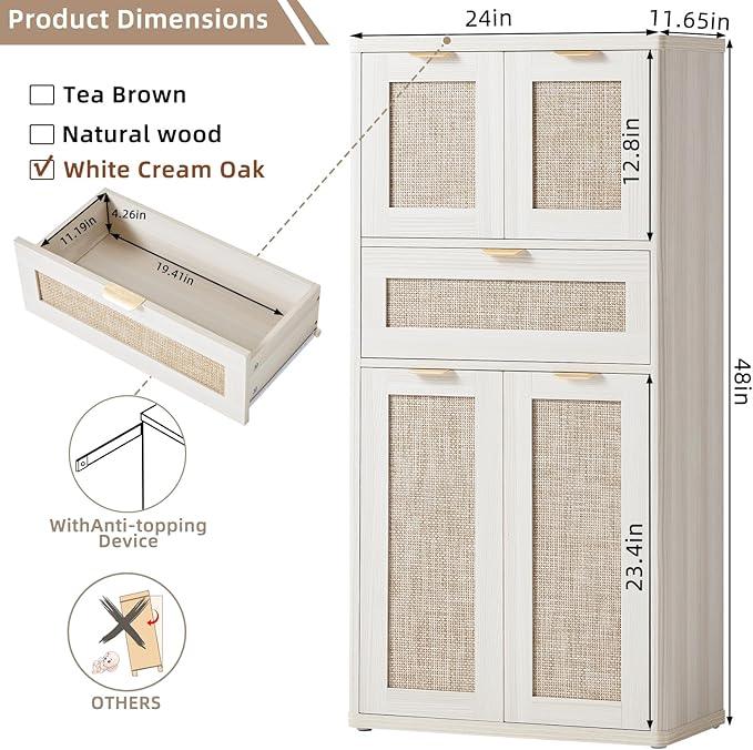 LEYAOYAO 48" Tall Storage Cabinet,Rattan Bathroom Floor Cabinets with 2 Doors & 1Drawer,Boho Kitchen Pantry with Adjustable Shelves,Wooden Cupboard for Living Room,Home Office,Dining,White Cream Oak - NeatNest