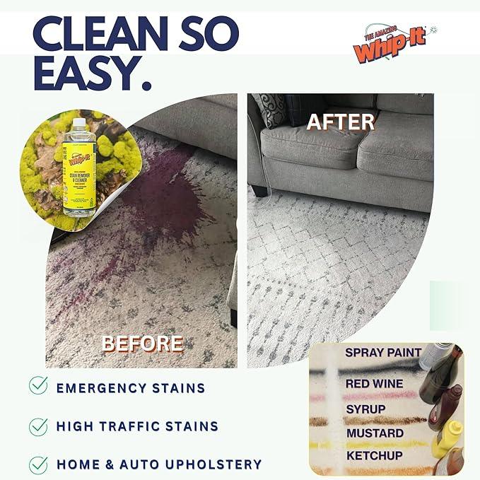 Whip-It Stain Remover and Concentrate Kit, 2-32oz Concentrates & 1-32 OZ Pro Spray Stain Remover, Makes 64 Bottles, Removes Coffee, Wine, Baby Stains, Pet Stains, Plant Based, Enzyme Cleaner, 500 Uses - NeatNest
