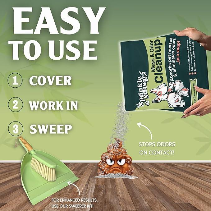 Sprinkle & Sweep Pet Accident Cleanup for all Hard Surface - Non Toxic Quick Pet Mess Cleaner & Odor Remover for Urine, Poop, Vomit, Diarrhea & Potty Training (1Bag + Sweepr Kit + 1 Spray) - NeatNest