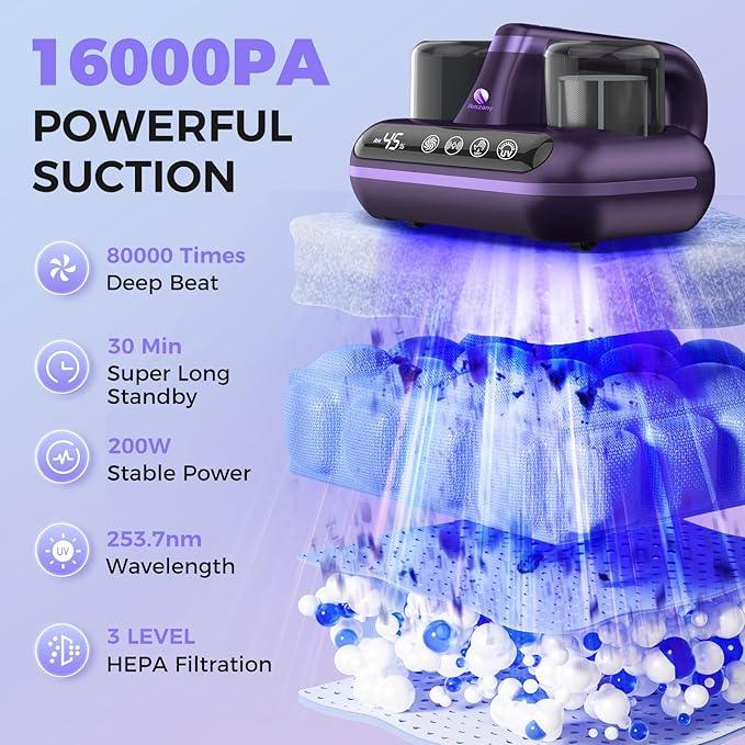 Mattress Vacuum Cleaner - 5-in-1 Cordless Bed Vacuum Cleaner, Powered by UV-C Light & Ultrasonic Technology, 16Kpa Strong Suction,Low Noise,Suitable for Dust, Pet Hair, Etc - Purple - NeatNest