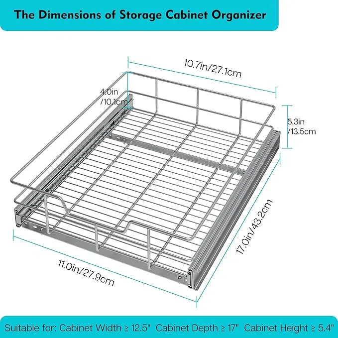 Pull Out Cabinet Organizer 11" W X 17" D, Slide Out Drawers For Kitchen Organizers and Storage, Pull Out Drawers For Cabinets Capacity Heavy Duty Caddy, Cabinet Shelves Chrome-Plated, Bathroom Pantry - NeatNest