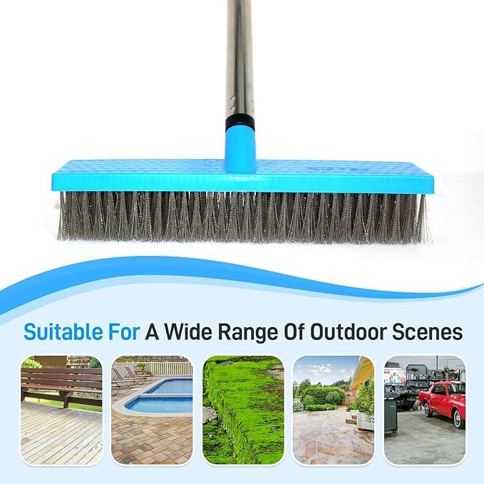 FRAXIR Stainless Steel Wire Broom Deck Scrubber Brush with 55” Adjustable Length Sturdy Long Handle, Stainless Steel Outdoor Broom for Cleaning Moss Concrete Floors Grout Gardens Patios - NeatNest