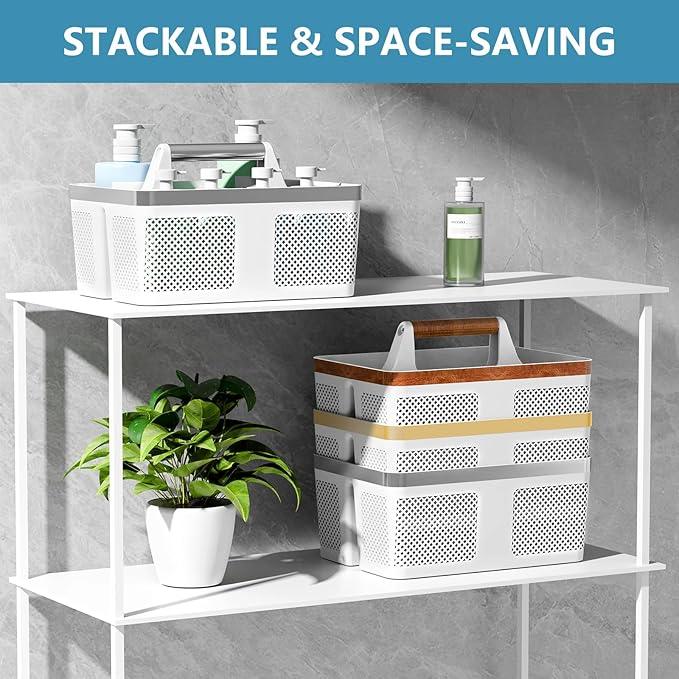 Plastic Shower Caddy Dorm: Portable Bathroom Caddy Organizer with Handle and Holes, Cleaning Basket, Hard Shower Basket Storage Tote for Toiletry, College Dorm Room Essentials White/Silver - NeatNest