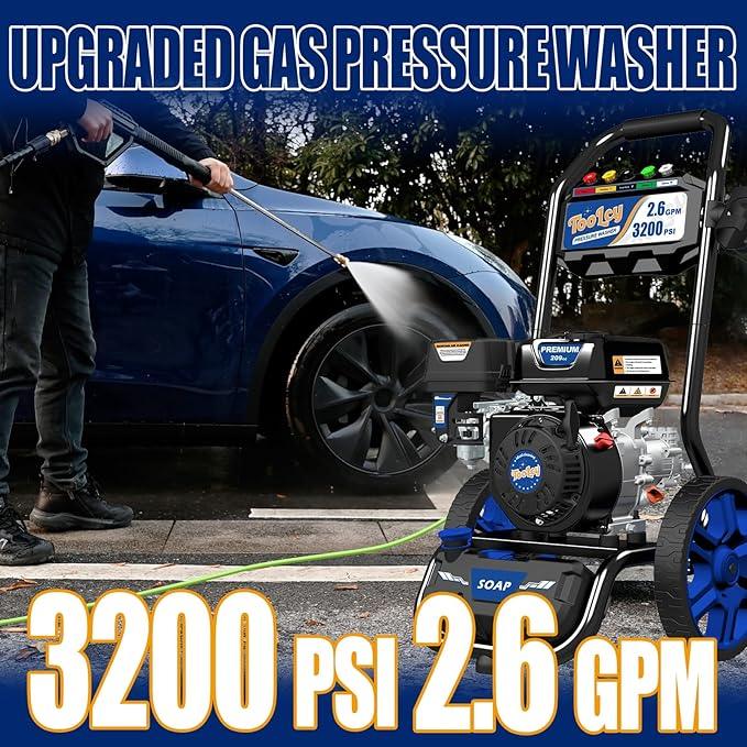 TOOLCY Gas Powered Pressure Washer, 3200 PSI and 2.6 Max GPM, 35FT Extended Power Hose, Kink-Less Swivel Gun with & 5 Nozzles, Reinforced Pump, for Cars/Fences/Driveways/Homes/Patios - NeatNest