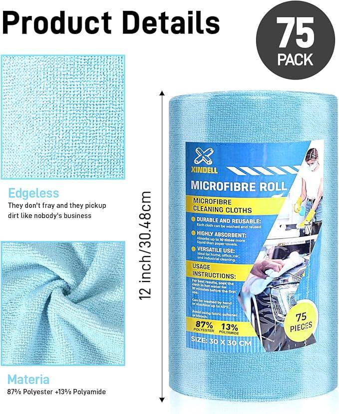 150 Pack Microfiber Cleaning Cloth Roll, XINDELL 12"x12" Tear-Off Lint-Free Towels for Car Detailing, Auto Window & Interior Cleaning Cloths – Ultra Absorbent, Scratch-Free, Blue - NeatNest