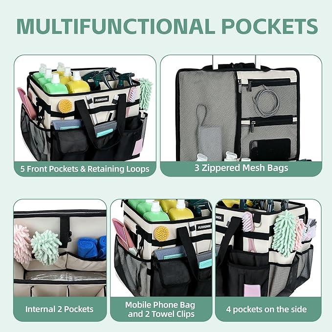 Large Rolling Cleaning Caddy Bag with Wheels, with Detachable Trolley, Cleaning Bags on Wheels for Housekeepers, Cleaning Cart Supplies Organizer for Home, Car, Picnic (Beige) - NeatNest