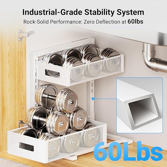 Pull-out Under Kitchen Sink Organizer, Metal Functional Under Sink Organizer, Height Adjustable Under Bathroom Sink Organizer, Under Sink Storage for Kitchen Bathroom Cabinet (White) - NeatNest