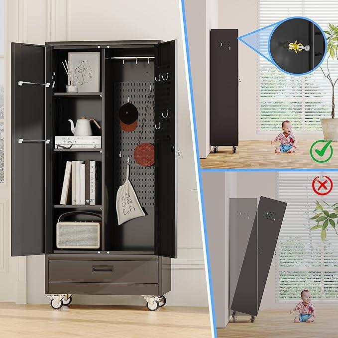 SUXXAN Broom Closet with Wheels 71"x 31.5"x15.75", Metal Cleaning Cabinets with Drawer Hooks and Hanging Rods, Lockable Cabinet with Pegboard, Adjustable Shelf,for Garage, Laundry Room - NeatNest