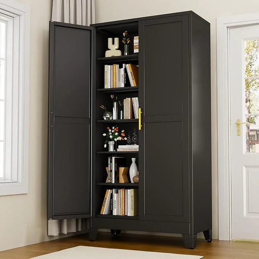 Black Metal Storage Cabinet,75" Steel Cabinets for Home Office, Kitchen Pantry Storage Cabinet with Doors and 5 Adjustable Shelves, Tool Cabinets, for Office, Home, Garage, School, 36W - NeatNest