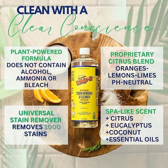 Whip-It Stain Remover and Concentrate Kit, 2-32oz Concentrates & 1-32 OZ Pro Spray Stain Remover, Makes 64 Bottles, Removes Coffee, Wine, Baby Stains, Pet Stains, Plant Based, Enzyme Cleaner, 500 Uses - NeatNest