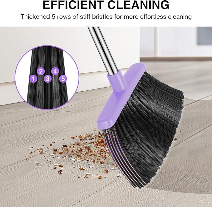 NACENA Broom and Dustpan Set, 52-in Long Adjustable Handle Broom Dustpan Combo with Dustpan Teeth to Automatically Clean Hair Suitable for Home Kitchen Office Hall Floor (Purple), 4 Pack - NeatNest