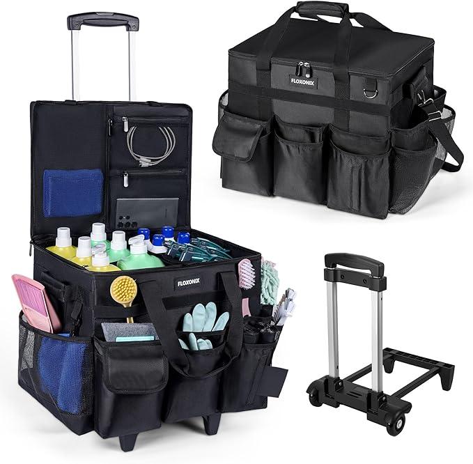 Large Rolling Cleaning Caddy Bag with Wheels, with Detachable Trolley, Cleaning Bags on Wheels for Housekeepers, Cleaning Cart Supplies Organizer for Home, Car, Picnic (Black) - NeatNest