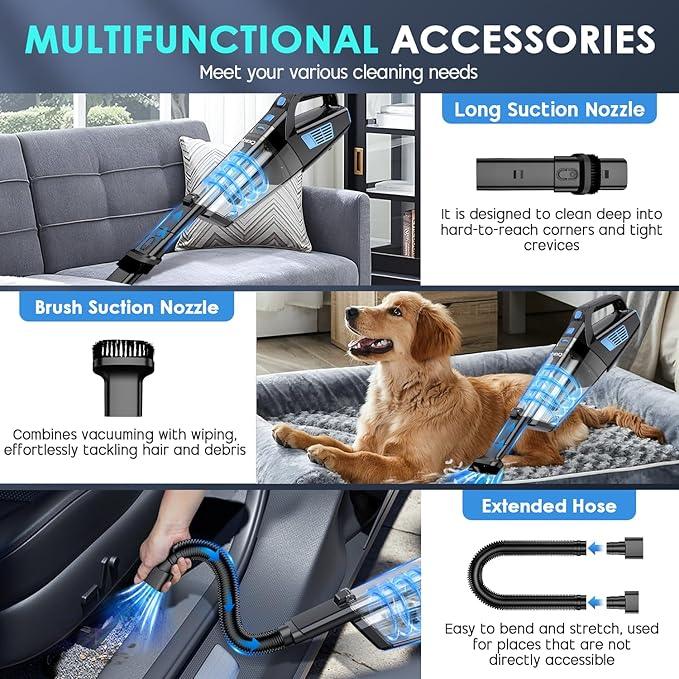 Handheld Vacuum Cordless, 15000PA Strong Suction Hand Held Car Vacuum Cleaner Portable with Multi-Nozzles & Washable Filter, Lightweight Dust Busters Rechargeable for Home, Car, Office, Pets - NeatNest
