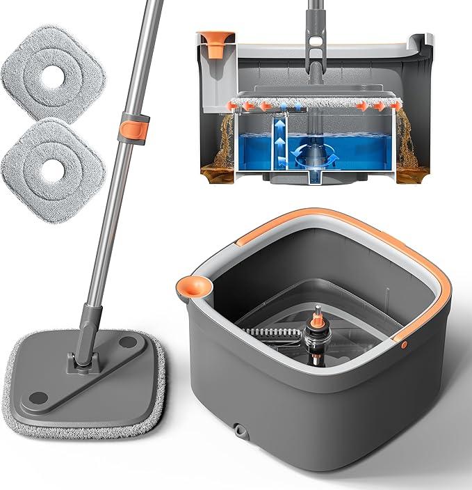 KZKR Spin Mop and Bucket Set with 2 Replaceable Microfiber Mop Pads with Self Separation Dirty and Clean Water System, Self Wringing 360° Rotating Square Mop Head for Hardwood Tile Marble Floors - NeatNest