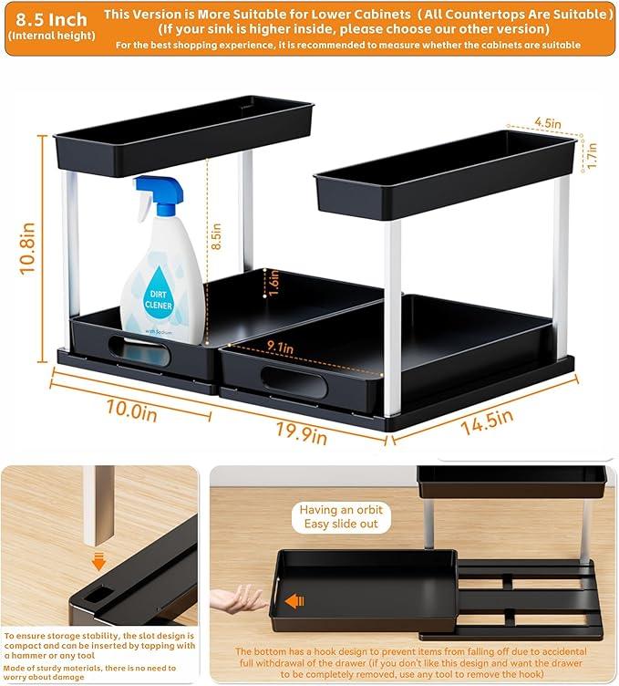 Yieach 2 Pack 10.8″ High Pull Out Under Sink Organizer,14.5″ Deep 2 Tier Slide Out Cabinet Organizer for Kitchen Cabinet,Undersink Organizers,Under Sink Shelves,Bathroom Organizers and Storage,Black - NeatNest