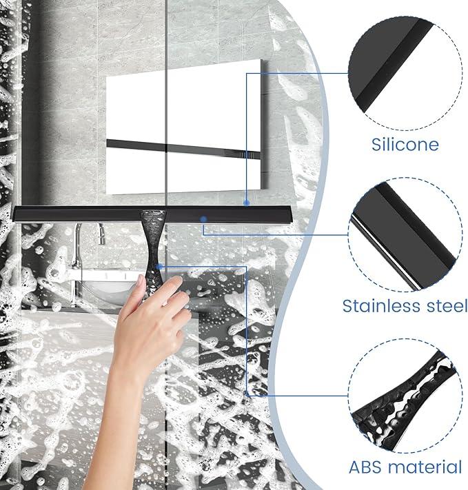 All-Purpose Silicone Shower Squeegee for Shower Glass Door,with 2 Hooks & Pink Mini Squeegee,for Bathroom Glass, Car, Tile Wall, Mirror Cleaning - Easy-Grip Handle 14 Inch Black - NeatNest