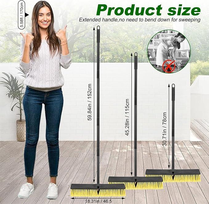18 Inches Push Broom Outdoor- Heavy Duty Commercial Broom with 64.5" Long Handle and Stiff Bristles for Patio Garage Deck Concrete Wood Stone Tile Driveway Yard Warehouse Shop Floor Cleaning - NeatNest