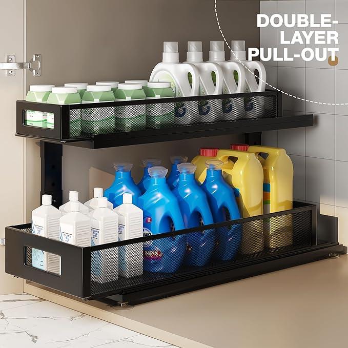 2 Pack 21.3IN-Depth Under Sink Organizer with Next-Gen Ball-Bearing Slides,2-Tier Pull Out Cabinet Storage,Height Adjustable Drawer Shelf for Bathroom,Kitchen,Laundry,Cabinet,Pantry-Black - NeatNest