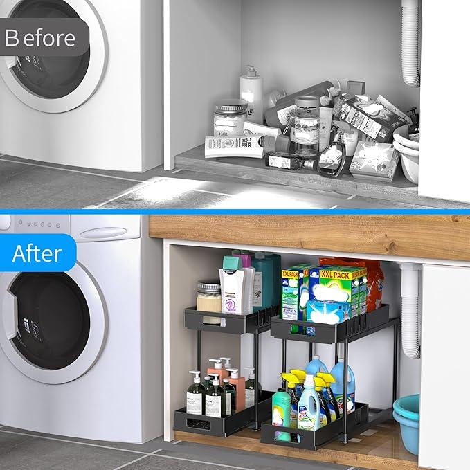 Under Sink Organizers and Storage, 2 Pack Large Capacity Heavy Load Double Pull-out Under Sink Shelves with Sliding Drawer for Kitchen and Bathroom, Black - NeatNest