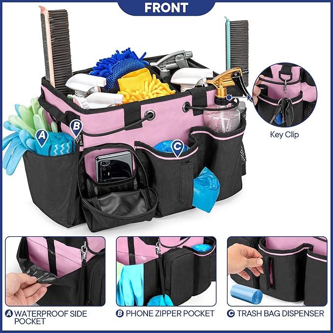LoDrid Large Professional Cleaning Caddy with Detachable Divider, Supply Organizer with Handle and Shoulder Strap, Cleaning Bags for Housekeepers & Cleaners, Pink - NeatNest