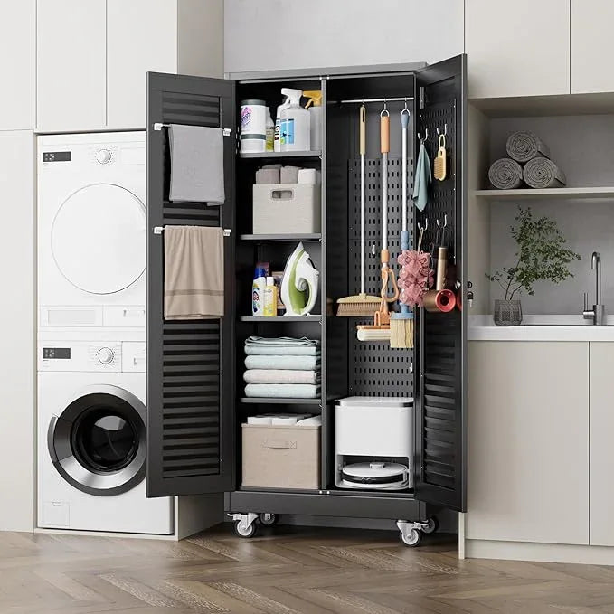 SUXXAN Broom Closet with Wheels 71"x 31.5"x15.75", Metal Cleaning Cabinets with Louvered Doors Hooks and Hanging Rods, Lockable Cabinet with Pegboard, Adjustable Shelf,for Garage, Laundry Room - NeatNest