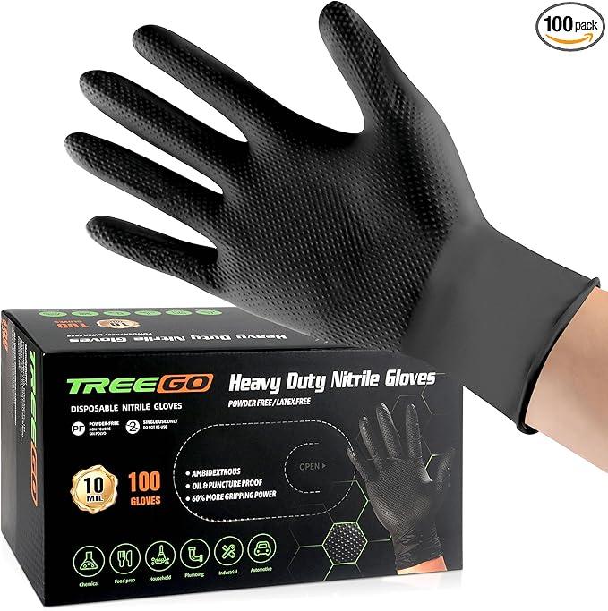 TREEGO Black Heavy Duty Rubber Gloves 10 Mil Nitrile Gloves - Raised Diamond Texture Grip for Automotive & Mechanic - Latex Free Disposable Gloves Medium, 100 Count - NeatNest