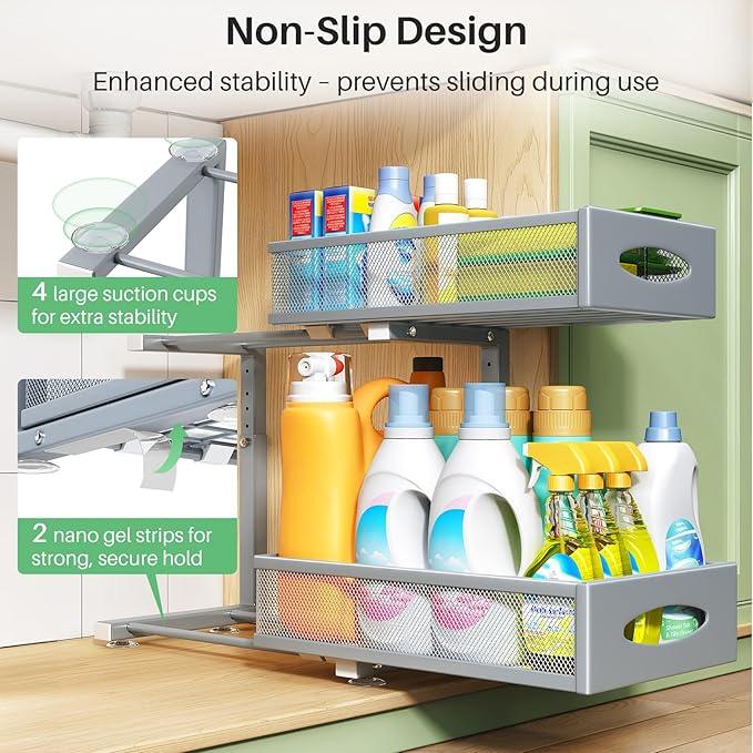 1 Pack Under Sink Organizer, 2 Tier Pull out Cabinet Organizer Mesh Baskets with 5 Adjustable Heights, Sliding Drawers Storage Shelf for Home, Kitchen, Bathroom, Pantry, Office, Countertop ,Grey - NeatNest