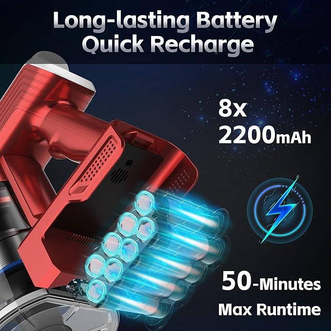 Cordless Vacuum Cleaner for Home, 45Kpa Lightweight Stick Vacuum with Powerful Suction, Rechargeable Battery Up to 50mins, Handheld Vacuum Cleaners for Hardwood Floors, Carpets, Pet Hair - Red - NeatNest