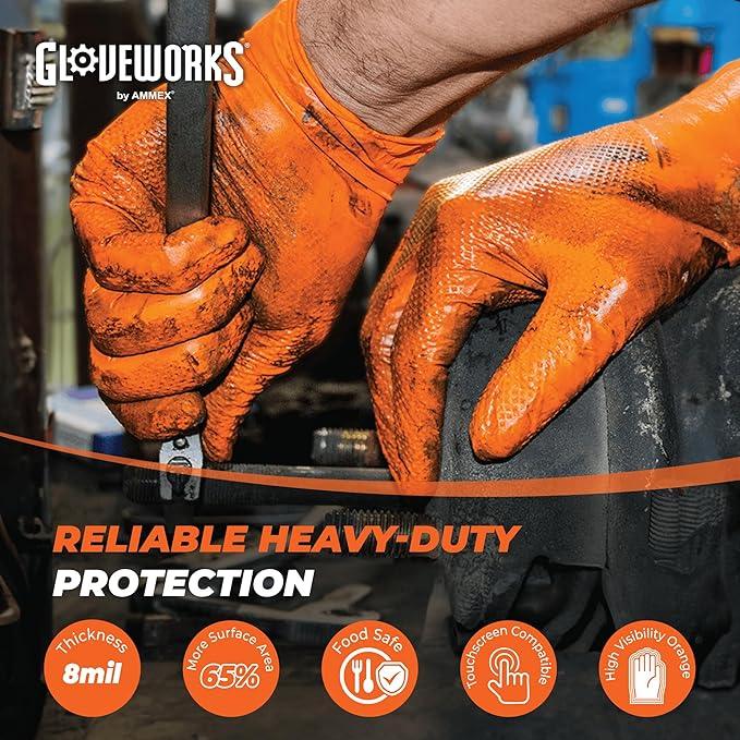 GLOVEWORKS HD Orange Nitrile Disposable Gloves 8 Mil Raised Diamond Texture, 100 - NeatNest