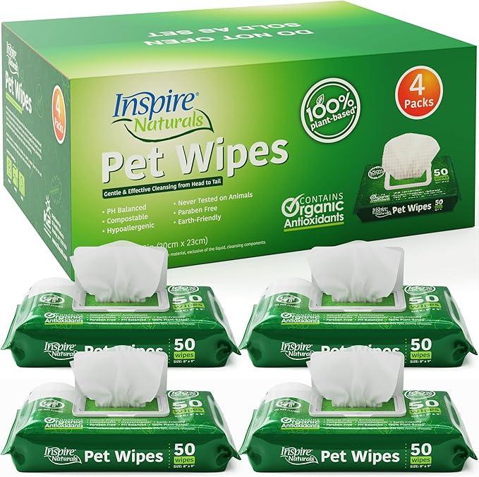 Inspire Naturals Pet Wipes for Dogs and Cats 100% Natural Plant Based with Organic Antioxidants, Dog Wipe Cleaning Deodorizing | Cat Wipes | Puppy Wipes | Dog Wipes for Paws and Butt (200ct - 4 Pack) - NeatNest