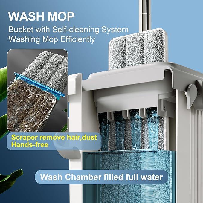 JOYMOOP Mop and Bucket with Wringer Set, Flat Squeeze Mop with Bucket (X-Large), Dust Mop for Wall Cleaner with Long Handle, Microfiber Mop - White Bucket with 5 Reusable 15" Pads - NeatNest