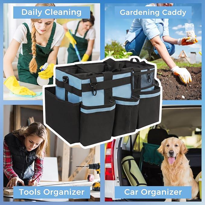 Wearable Cleaning Caddy, Cleaning Caddy Supplies Organizer with Handle & Shoulder Straps for Housekeepers, Under Sink & Car Cleaning Tool Organizers Bag with 4 Foldable Divider (Blue) - NeatNest