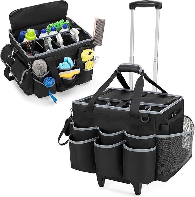 Large Cleaning Caddy with Detachable Trolley & Shoulder Strap, Cleaning Supplies Bag with Handles & Support Plates, Cleaning Product Rolling Organizer for Car Wash and Housekeeping - NeatNest