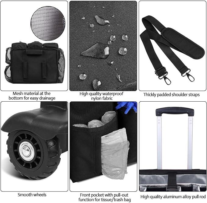 Extra Large Rolling Cleaning Caddy Bag with Detachable, Foldable Trolley Portable Cleaning Cart for Housekeeping Cleaning Caddy with Adjustable Shoulder Strap and Multiple Storage Pockets - NeatNest