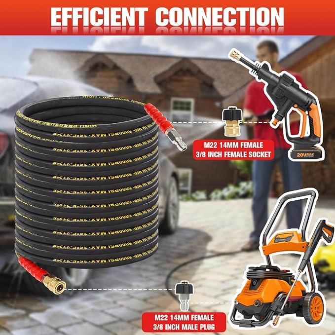 50FT Pressure Washer Hose 3/8''- 5000 PSI High Tensile Wire Braided Kink Resistant Power Washer Hoses Extension, Hot & Cold Water Max 212°F with 2 Pcs M22-14mm 3/8" Quick Connect Kits - NeatNest