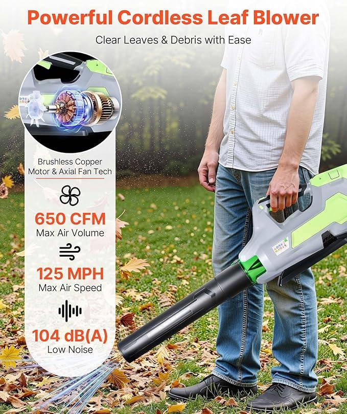 VEVOR 60V Cordless Leaf Blower with Brushless Motor, 650 CFM/125 MPH, Battery Powered Electric Leaf Blowers for Lawn Care with 5Ah Battery and Fast Charger, 3 Speed Control - NeatNest