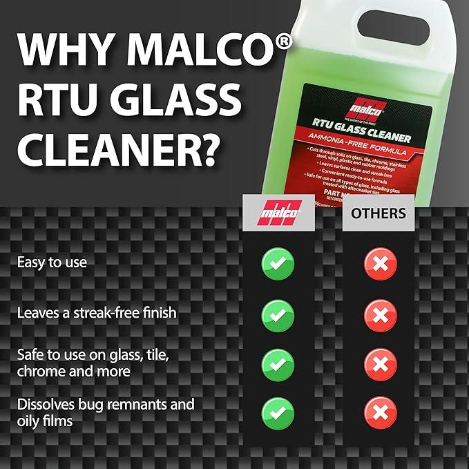 Malco Ready-To-Use Glass Cleaner - Streak-Free Removal of Dirt, Grease, Oils, & Bug Debris from Glass, Chrome, Tile, Stainless Steel, Vinyl, Rubber/Ammonia-Free & Tint Safe / 1 Gallon (107901) - NeatNest