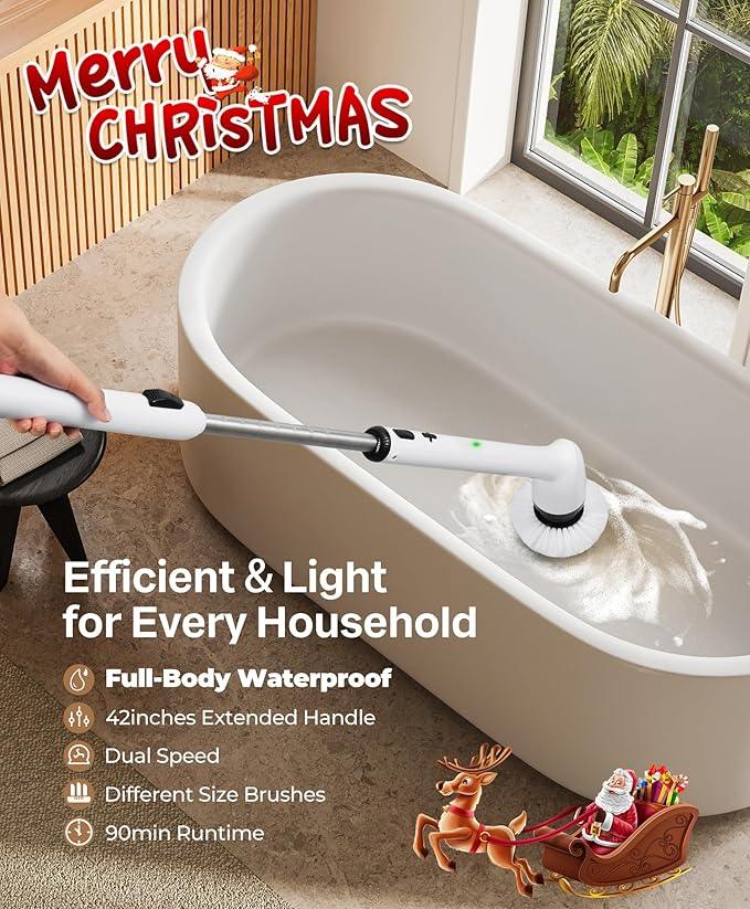 LyriFine Electric Spin Scrubber, New Full-Body IPX7 Waterproof Bathroom Cleaner Brush, Shower Scrubber with Long Handle & 2 Speed, Heads Replacement, Cleaning Supplies for Tub Shower Tile Floor - NeatNest