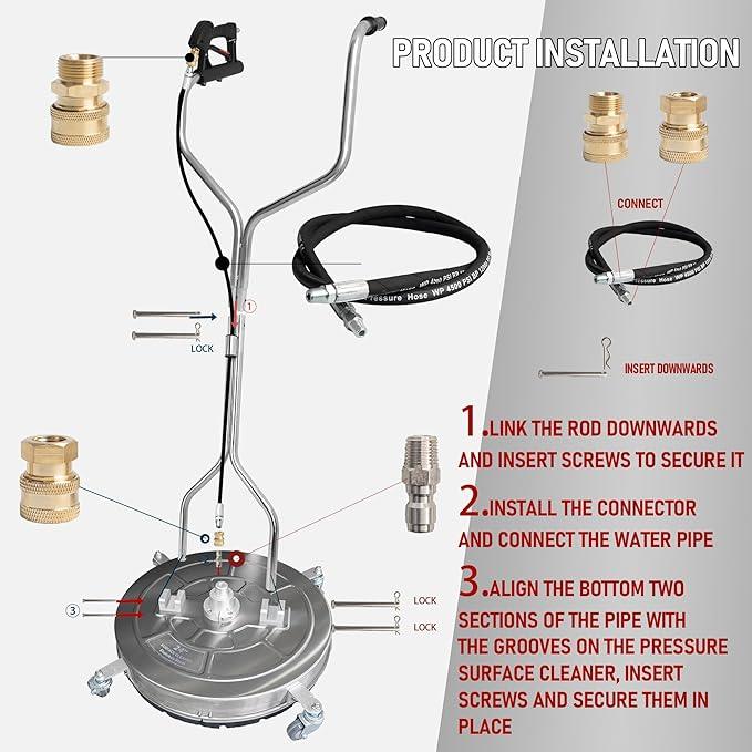 Hourleey 24" Pressure Washer Surface Cleaner with Dual Handles, Stainless Steel Surface Cleaner with 4 Wheels for Driveways, Pathway, Sidewalks, Patios, Decks, 4500 PSI with 3/8" Quick Connector Kit - NeatNest