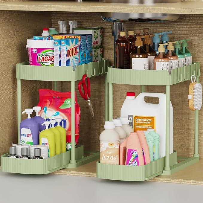 2 Pack Multi-Purpose Pull-Out Storage Organizers, Under Sink Organizers and Storage for Bathroom & Kitchen, Under Cabinet Organizers and storage, 14.8 Inch, Green - NeatNest