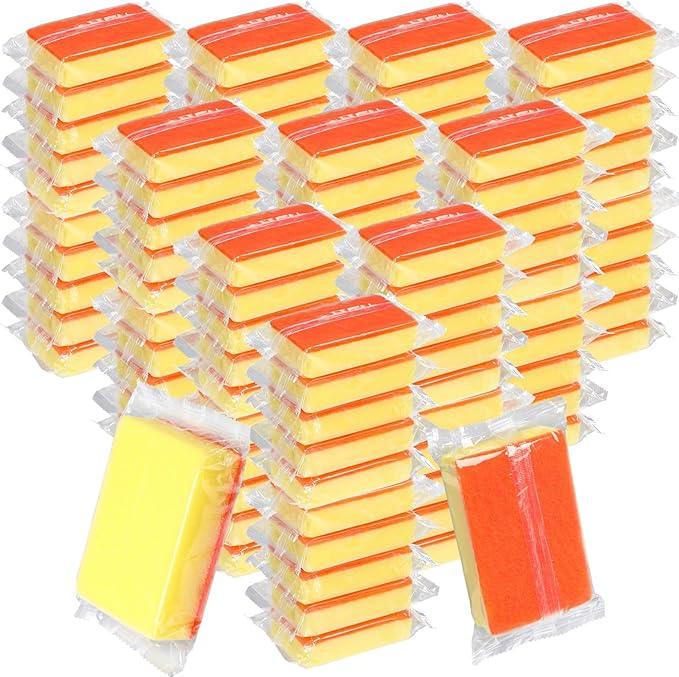 Tioncy 100 Pcs Individually Wrapped Sponges Bulk Kitchen Orange Non Scratch Scrub Sponges Dual Sided Cleaning Scrubber for Household Washing Dishes, Pots, Pans, Sinks, Stoves, Appliances, Car, Bike - NeatNest