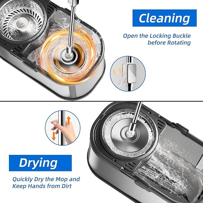 Spin Mop and Bucket with Wringer Set for Home,360° Mop and Bucket with Separate Clean and Dirty Water,Wet Dust Mop for Floor Cleaning with Extra Refills (Silver with 6 Pads) - NeatNest